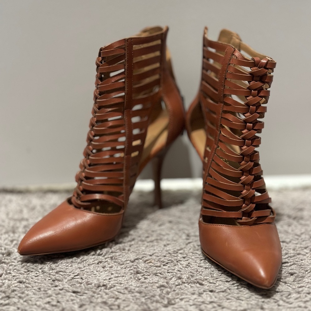 Nine West. Cognac strappy heel booties. Size 5.